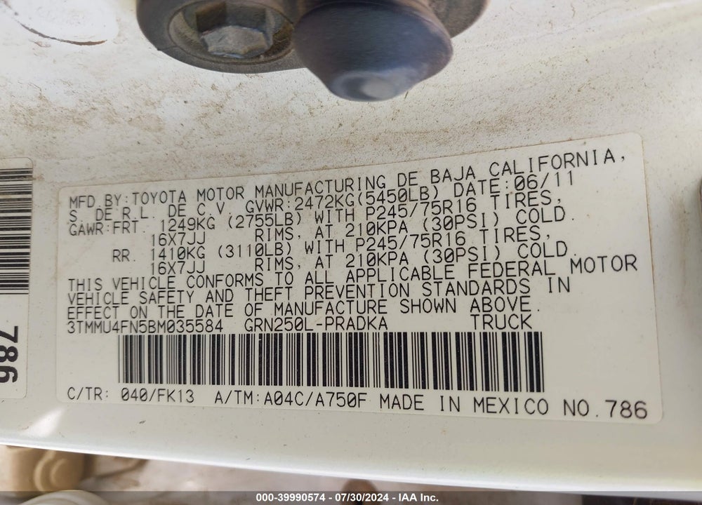 2011 TOYOTA TACOMA BASE V6 VIN: 3TMMU4FN5BM035584