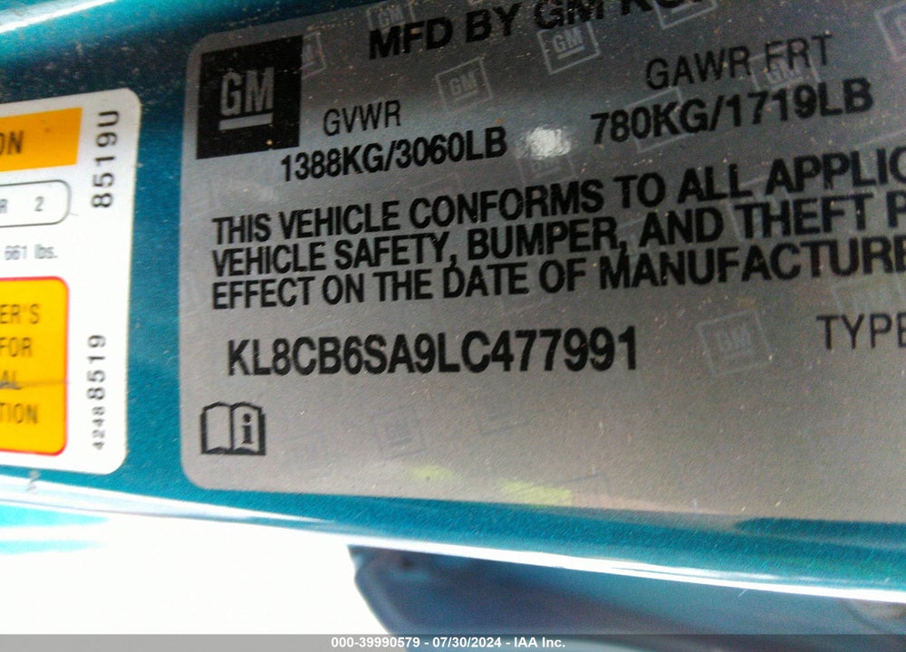 2020 CHEVROLET SPARK FWD LS AUTOMATIC VIN: KL8CB6SA9LC477991