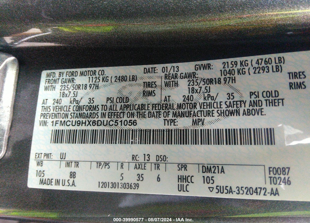 2013 FORD ESCAPE SEL VIN: 1FMCU9HX6DUC51056