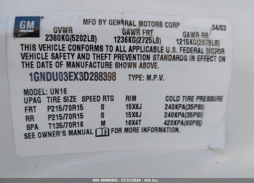 2003 CHEVROLET VENTURE VIN: 1GNDU03EX3D288398