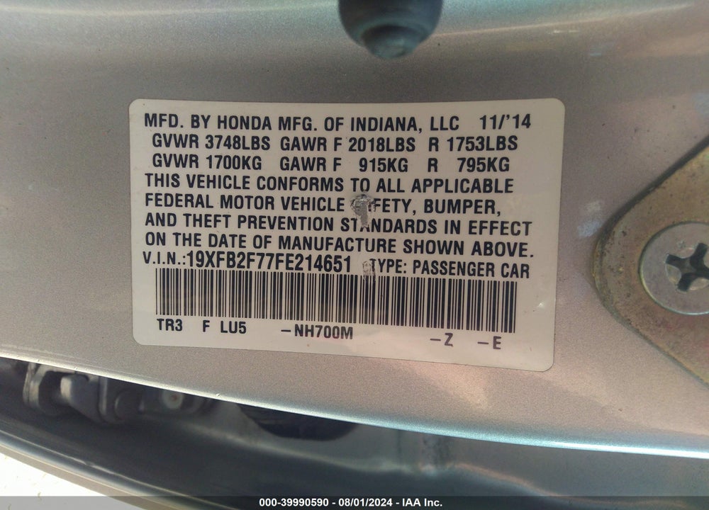2015 HONDA CIVIC VIN: 19XFB2F77FE214651