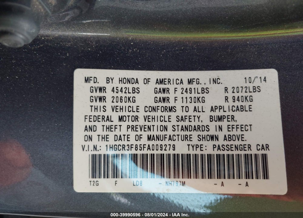 2015 HONDA ACCORD EX-L V-6 VIN: 1HGCR3F85FA009279
