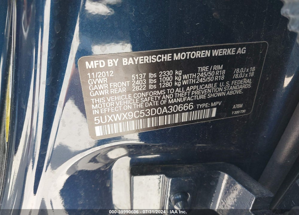 2013 BMW X3 XDRIVE28I VIN: 5UXWX9C53D0A30666