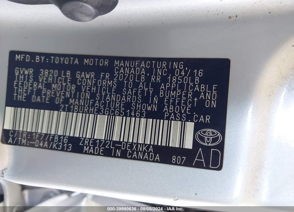 2016 TOYOTA COROLLA LE VIN: 2T1BURHE3GC651463