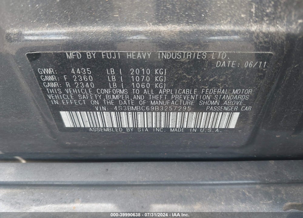 2011 SUBARU LEGACY 2.5I PREMIUM VIN: 4S3BMBC69B3257295