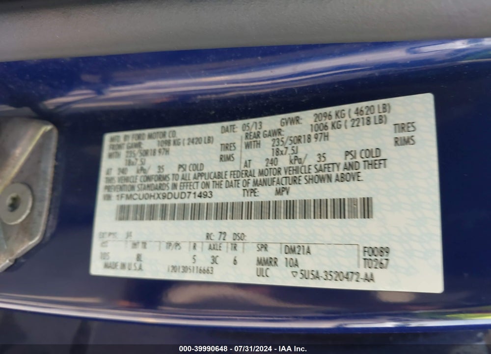 2013 FORD ESCAPE SEL VIN: 1FMCU0HX9DUD71493