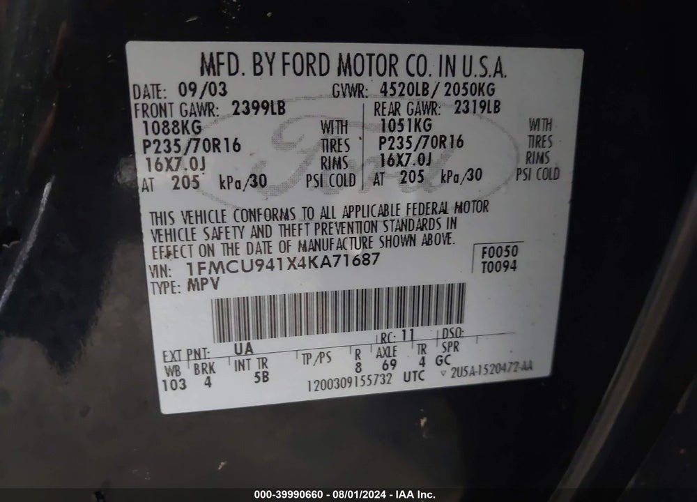 2004 FORD ESCAPE LIMITED VIN: 1FMCU941X4KA71687