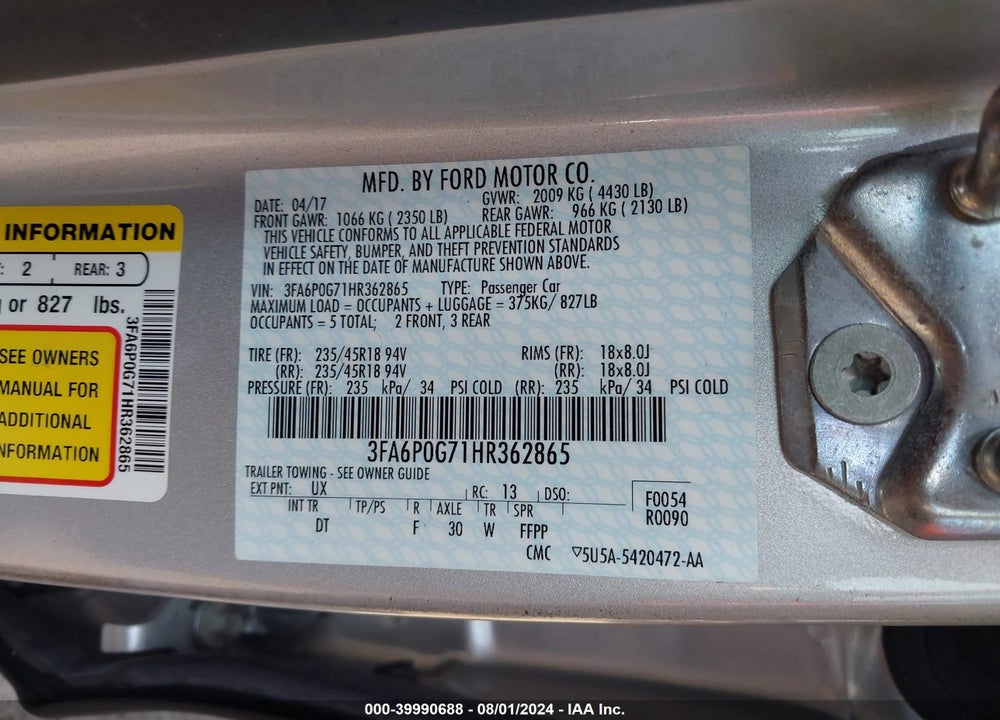 2017 FORD FUSION S VIN: 3FA6P0G71HR362865