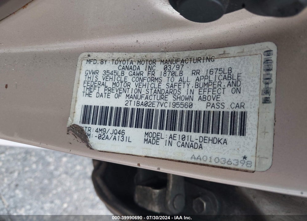 1997 TOYOTA COROLLA STD VIN: 2T1BA02E7VC195560