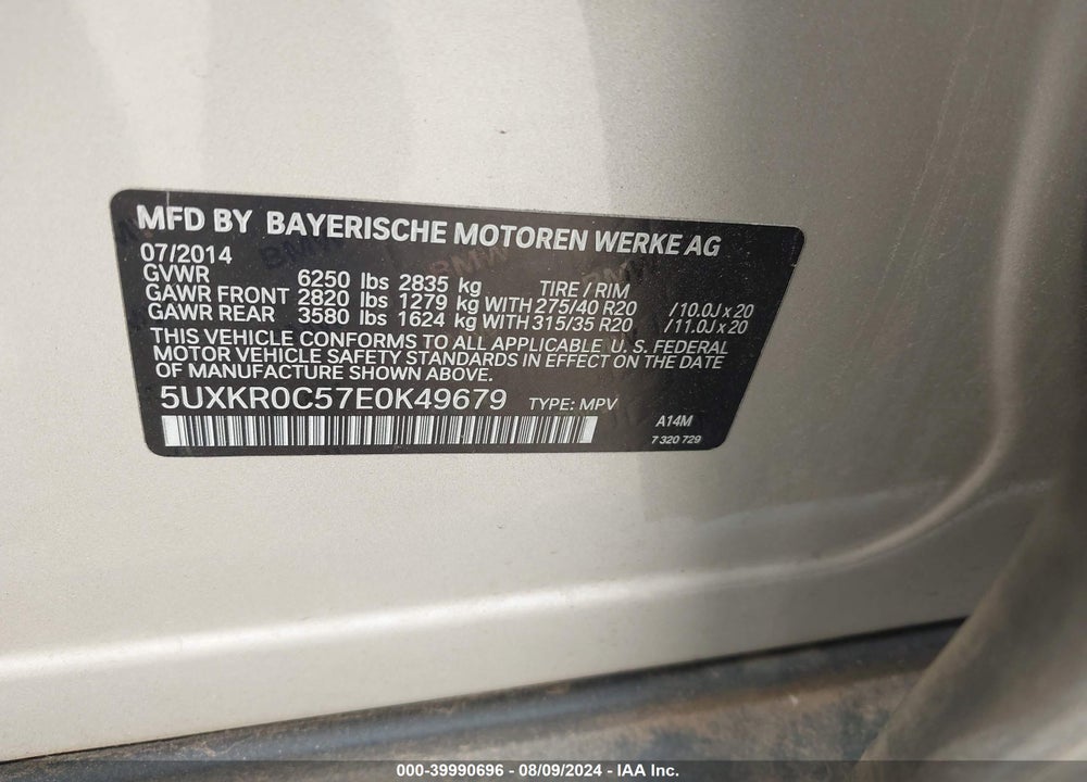 2014 BMW X5 XDRIVE35I VIN: 5UXKR0C57E0K49679