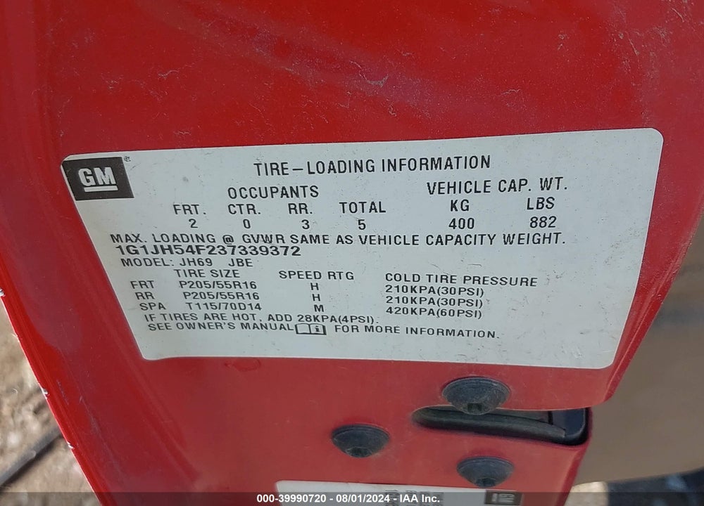 2003 CHEVROLET CAVALIER LS SPORT VIN: 1G1JH54F237339372