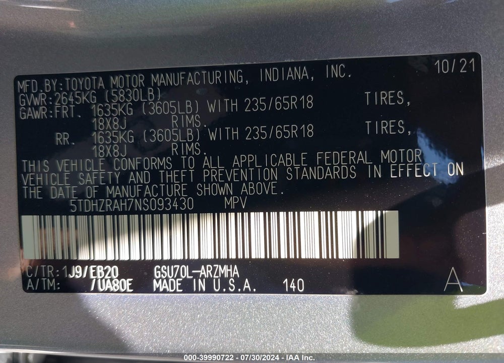 2022 TOYOTA HIGHLANDER XLE VIN: 5TDHZRAH7NS093430
