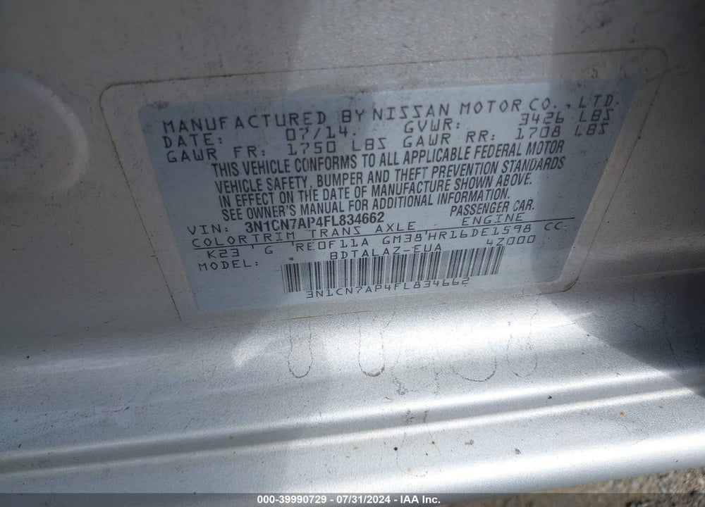 2015 NISSAN VERSA 1.6 S+ VIN: 3N1CN7AP4FL834662