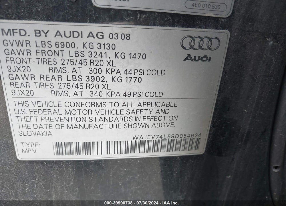 2008 AUDI Q7 4.2 PREMIUM VIN: WA1EV74L58D054624