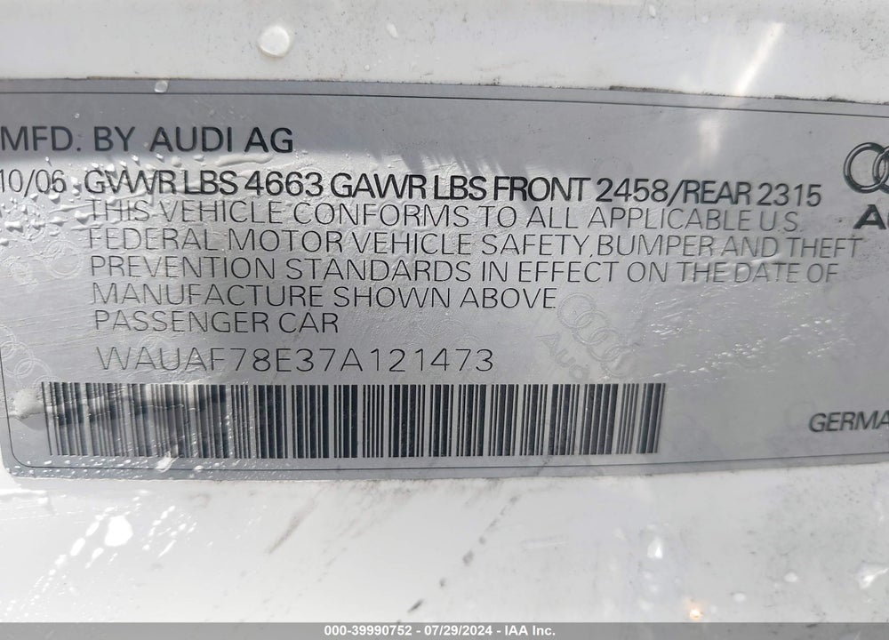2007 AUDI A4 2.0T VIN: WAUAF78E37A121473