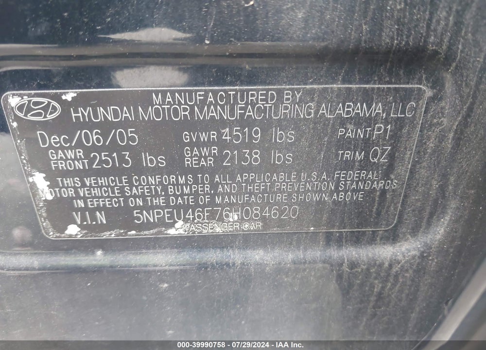 2006 HYUNDAI SONATA GLS V6/LX V6 VIN: 5NPEU46F76H084620