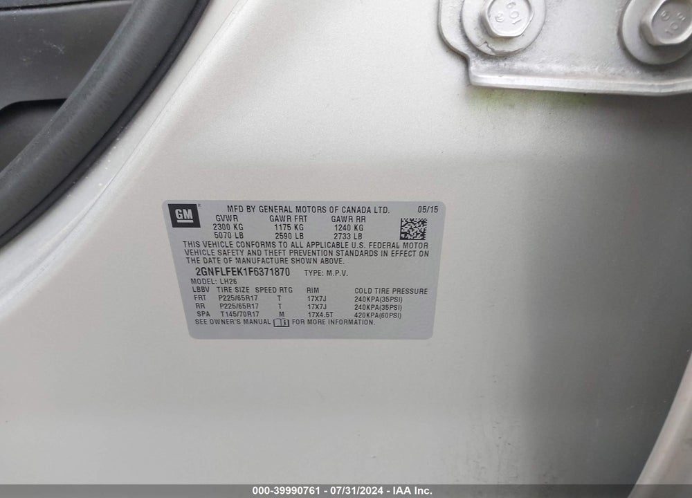 2015 CHEVROLET EQUINOX 1LT VIN: 2GNFLFEK1F6371870