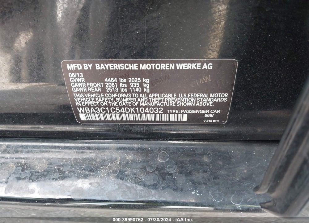 2013 BMW 328I VIN: WBA3C1C54DK104032
