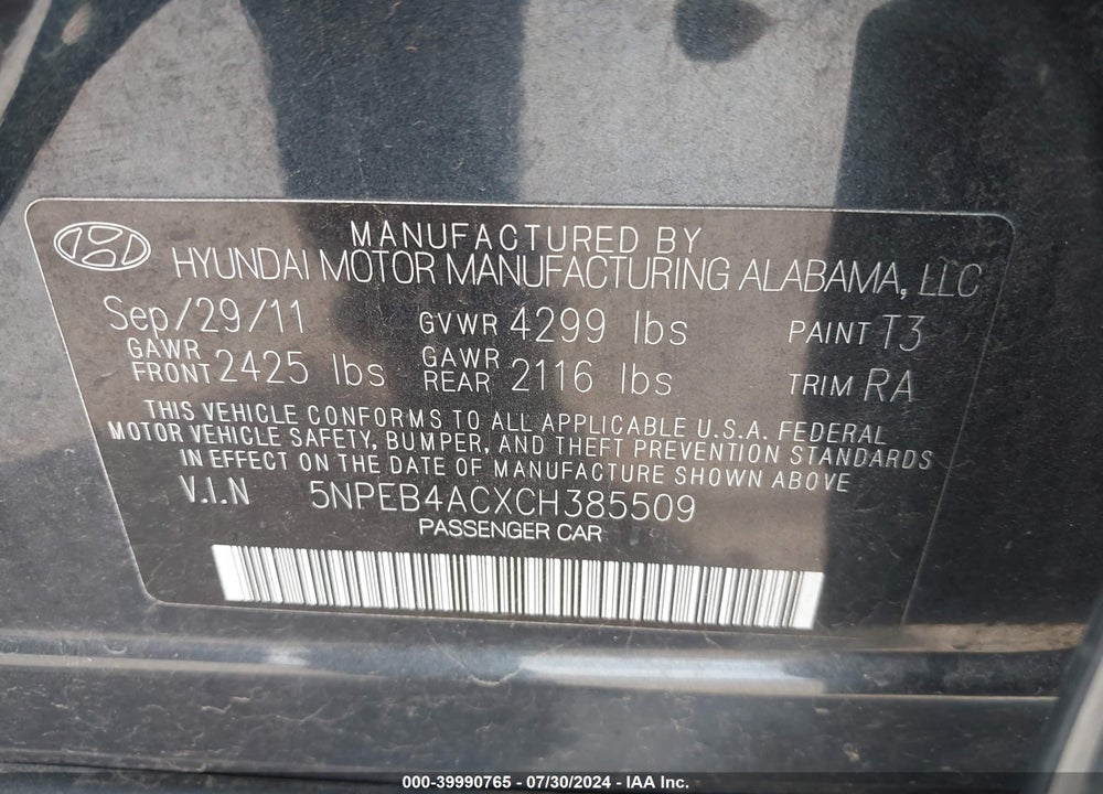 2012 HYUNDAI SONATA GLS VIN: 5NPEB4ACXCH385509