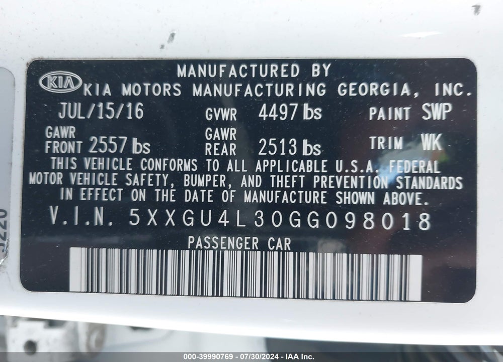 2016 KIA OPTIMA EX VIN: 5XXGU4L30GG098018