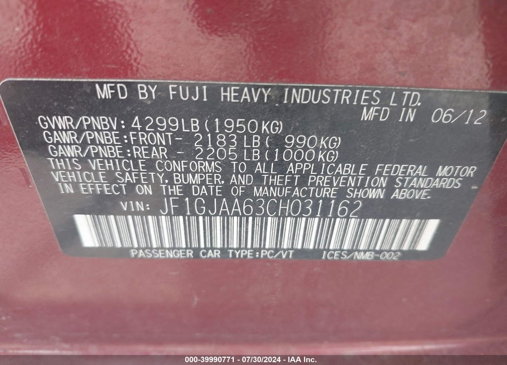 2012 SUBARU IMPREZA 2.0I VIN: JF1GJAA63CH031162