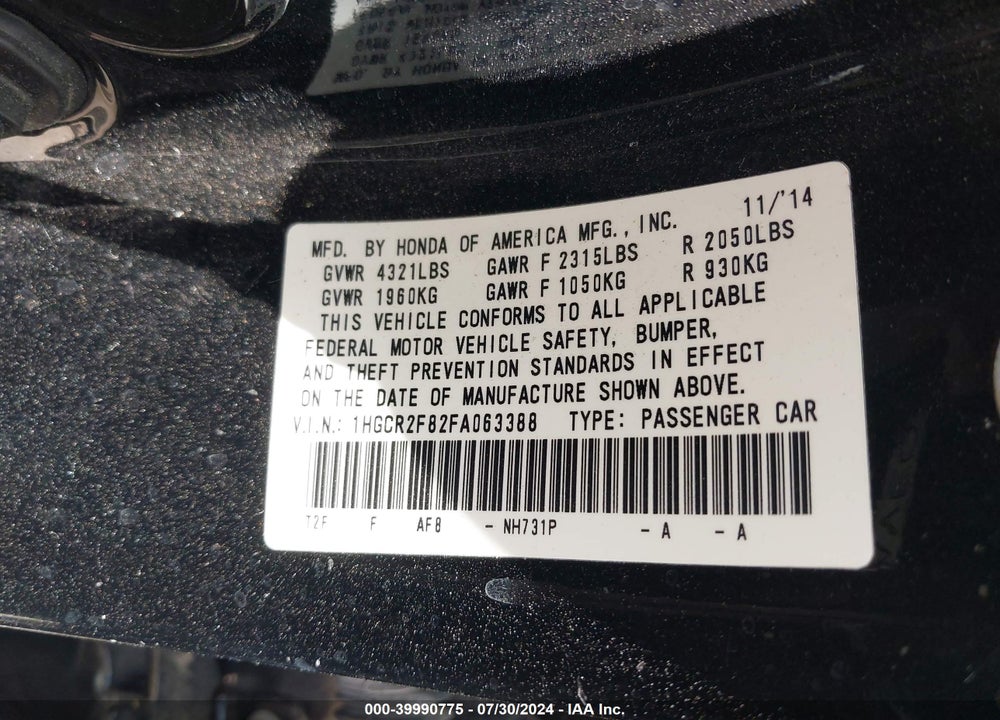 2015 HONDA ACCORD VIN: 1HGCR2F82FA063388