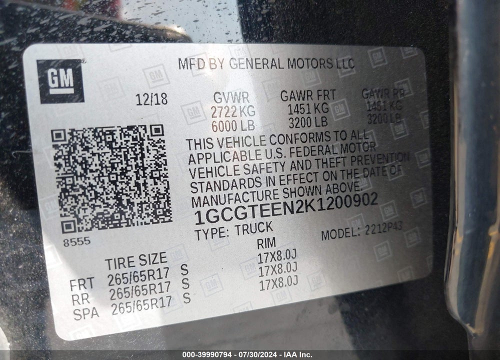 2019 CHEVROLET COLORADO ZR2 VIN: 1GCGTEEN2K1200902
