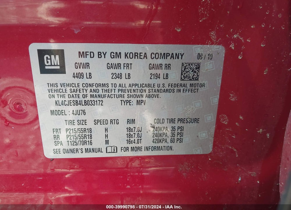 2020 BUICK ENCORE AWD PREFERRED VIN: KL4CJESB4LB033172
