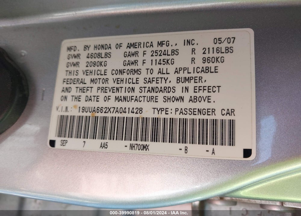 2007 ACURA TL 3.2 VIN: 19UUA662X7A041428
