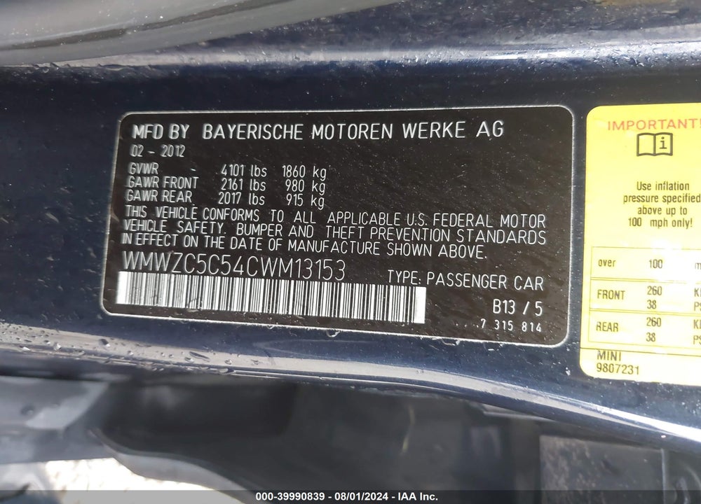 2012 MINI COOPER S COUNTRYMAN VIN: WMWZC5C54CWM13153