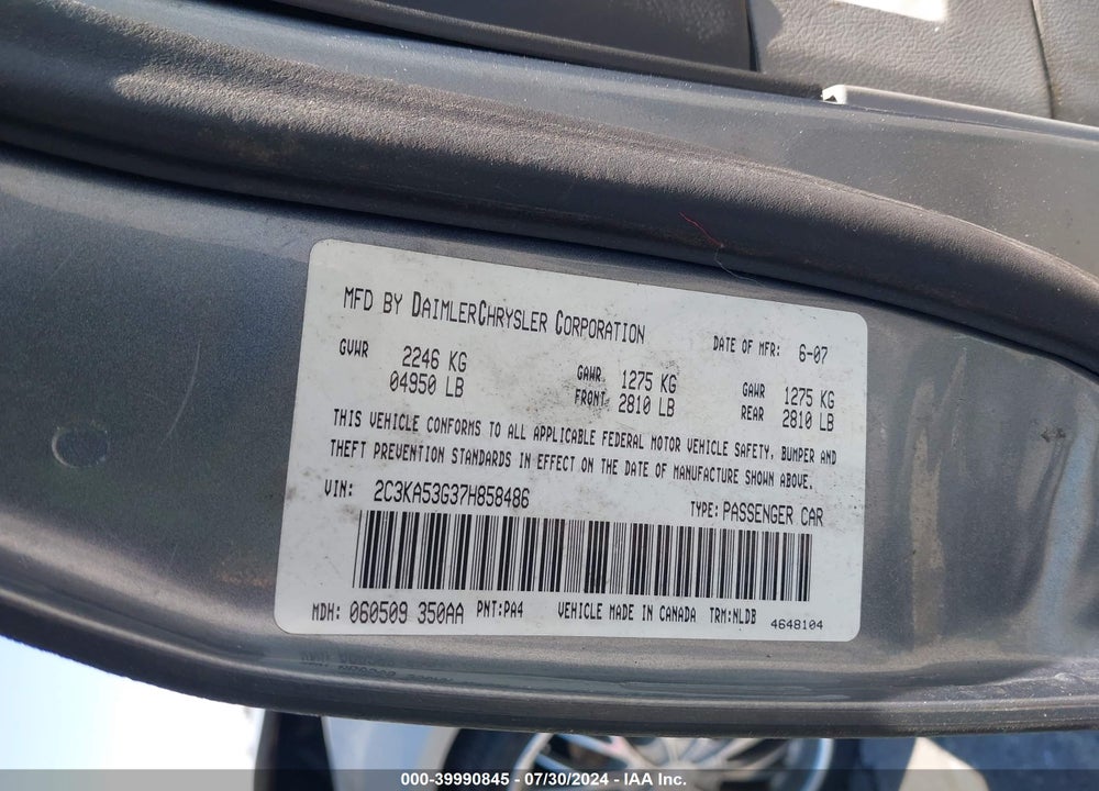 2007 CHRYSLER 300 TOURING VIN: 2C3KA53G37H858486