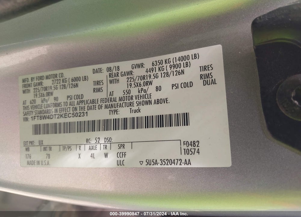 2019 FORD F-450 PLATINUM VIN: 1FT8W4DT2KEC50231