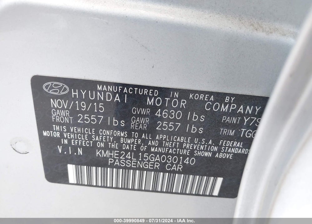 2016 HYUNDAI SONATA HYBRID SE VIN: KMHE24L15GA030140