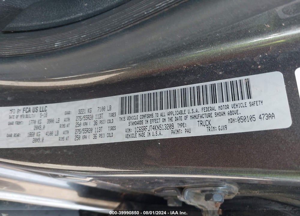 2019 RAM 1500 LAIE  4X4 5'7 BOX VIN: 1C6SRFJT4KN513209