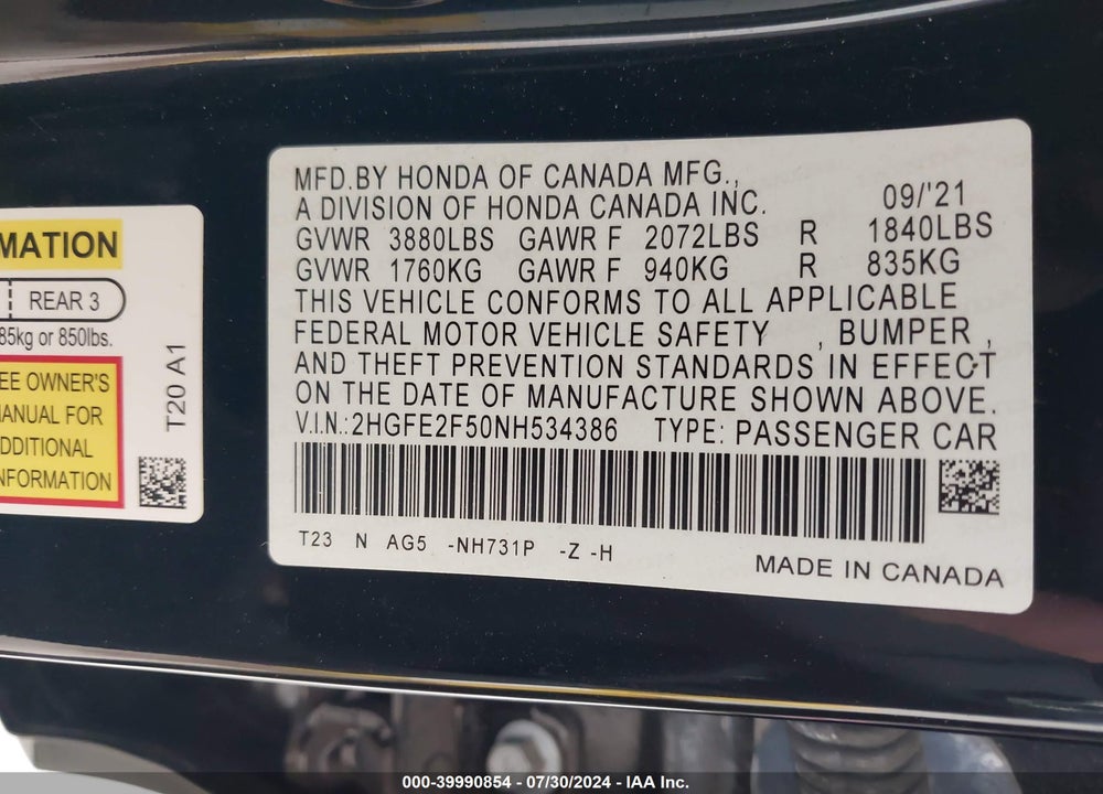 2022 HONDA CIVIC SPORT VIN: 2HGFE2F50NH534386