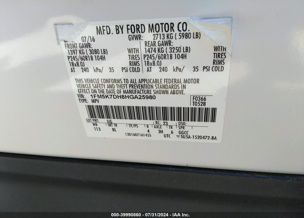 2017 FORD EXPLORER XLT VIN: 1FM5K7DH8HGA25980