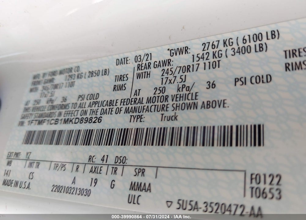 2021 FORD F-150 XL VIN: 1FTMF1CB1MKD89826