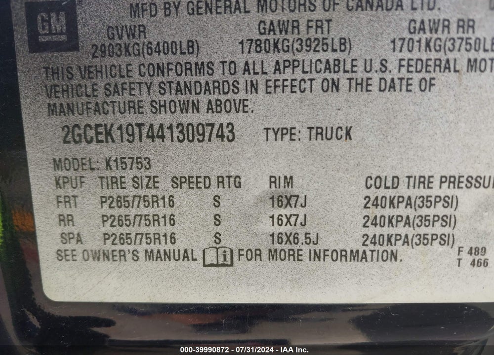 2004 CHEVROLET SILVERADO 1500 LS VIN: 2GCEK19T441309743