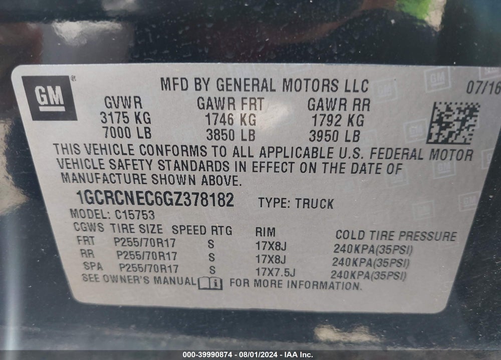 2016 CHEVROLET SILVERADO 1500 LS/WT VIN: 1GCRCNEC6GZ378182