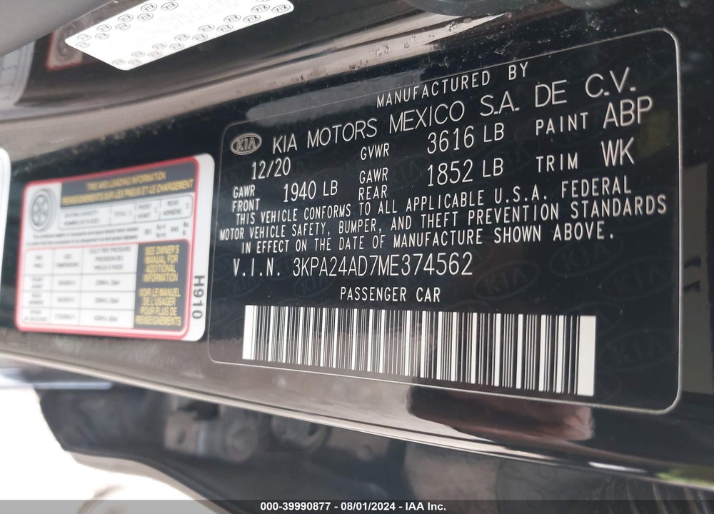 2021 KIA RIO S VIN: 3KPA24AD7ME374562