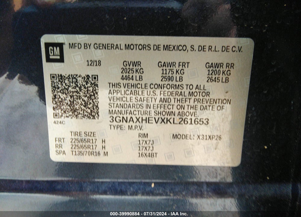 2019 CHEVROLET EQUINOX LS VIN: 3GNAXHEVXKL261653