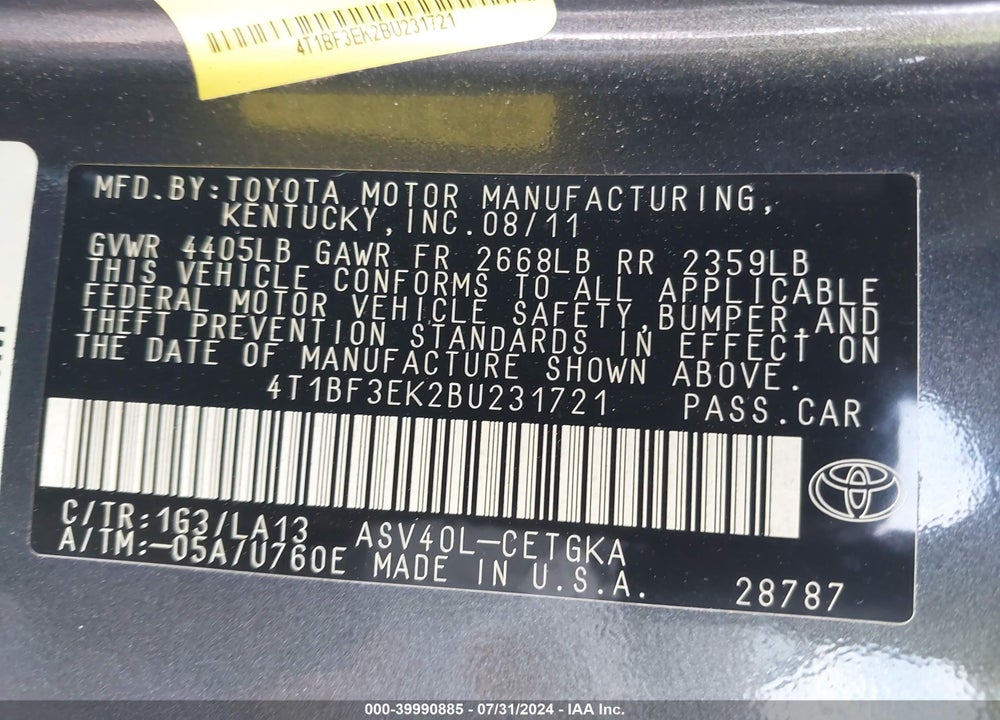 2011 TOYOTA CAMRY XLE VIN: 4T1BF3EK2BU231721