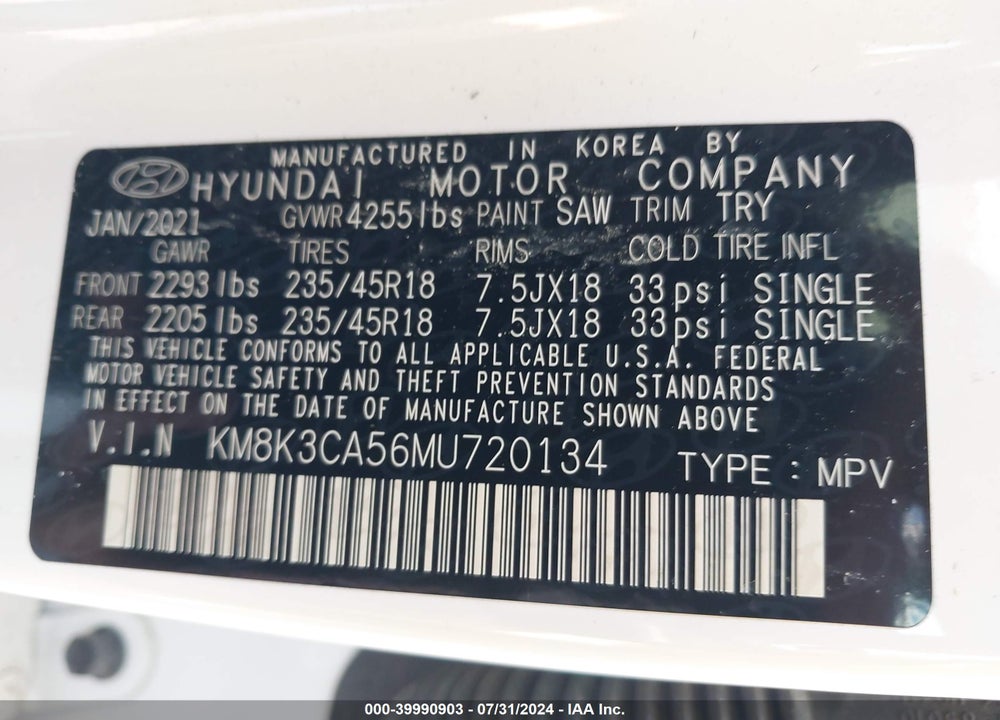 2021 HYUNDAI KONA VIN: KM8K3CA56MU720134