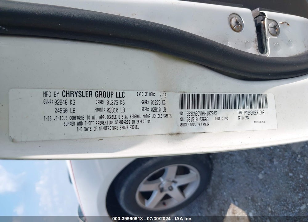 2010 DODGE CHARGER SXT VIN: 2B3CA3CV9AH187045