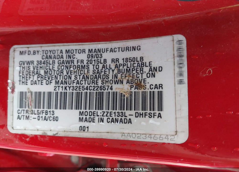 2004 TOYOTA MATRIX XRS VIN: 2T1KY32E54C226574