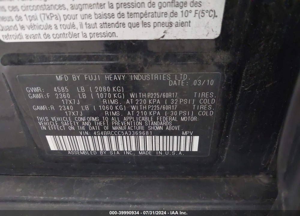 2010 SUBARU OUTBACK 2.5I PREMIUM VIN: 4S4BRCCC5A3369681