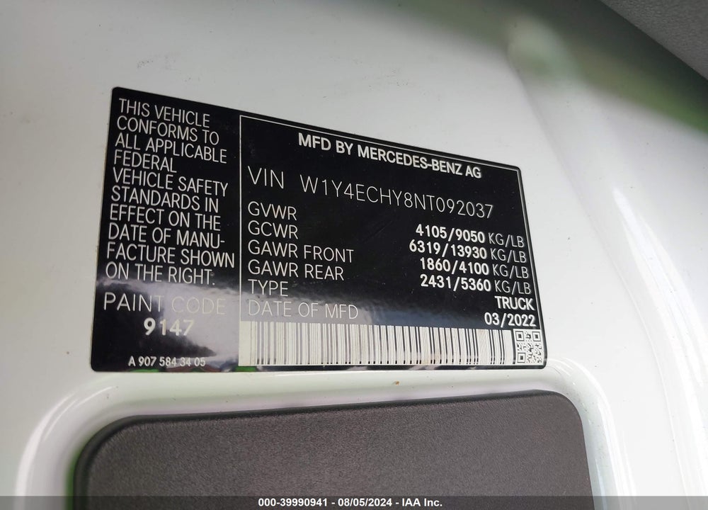 2022 MERCEDES-BENZ SPRINTER 2500 HIGH ROOF V6 VIN: W1Y4ECHY8NT092037