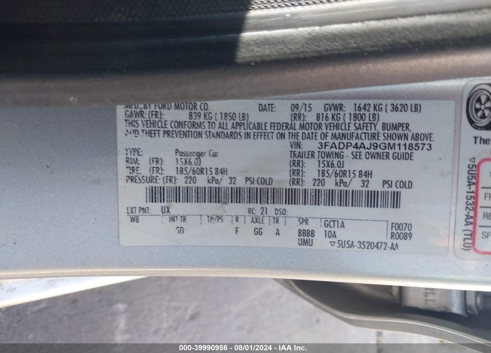 2016 FORD FIESTA S VIN: 3FADP4AJ9GM118573