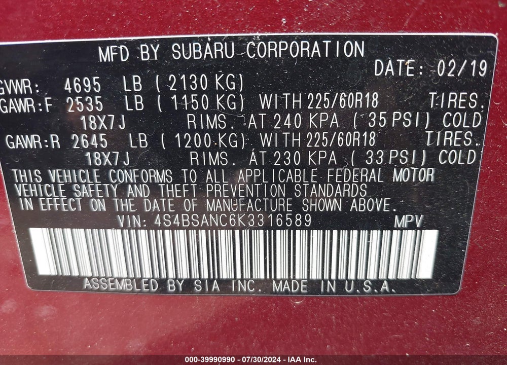 2019 SUBARU OUTBACK 2.5I LIMITED VIN: 4S4BSANC6K3316589