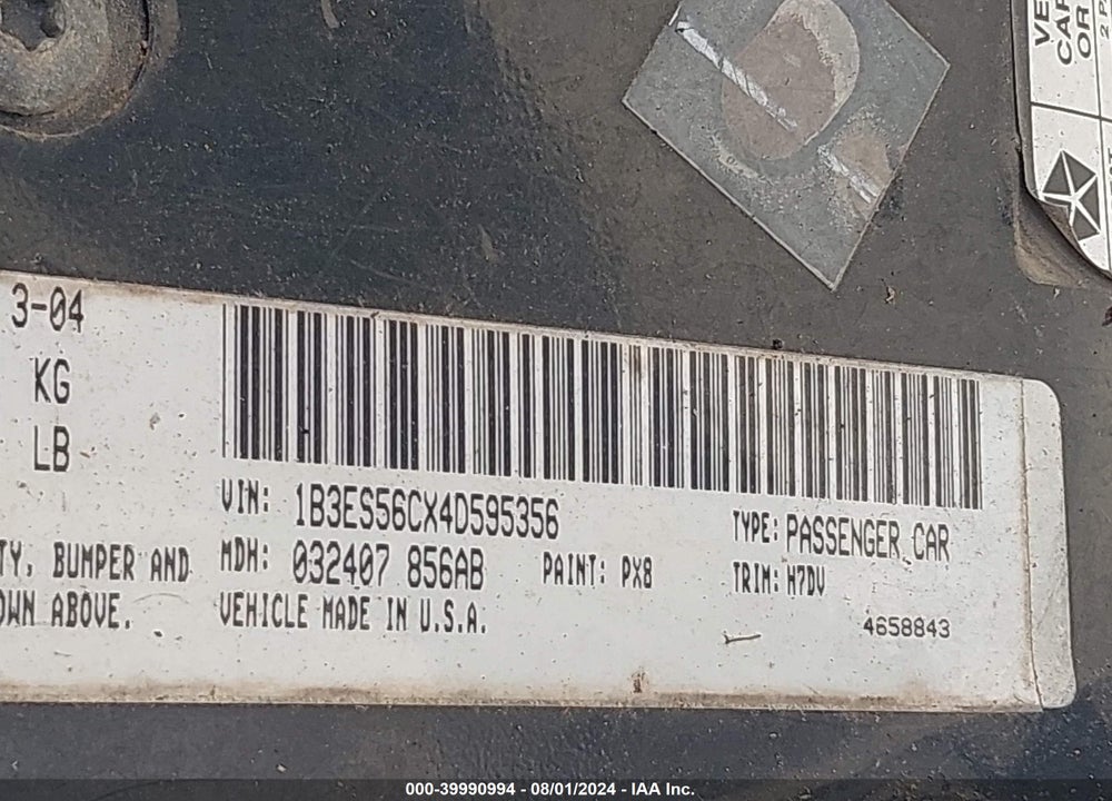 2004 DODGE NEON SXT VIN: 1B3ES56CX4D595356